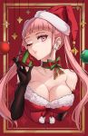  1girl alternate_costume bare_shoulders black_gloves bow box breasts choker christmas christmas_ornaments cleavage collarbone commentary dress earrings elbow_gloves english_commentary fire_emblem fire_emblem:_three_houses fire_emblem_heroes fur-trimmed_dress fur-trimmed_headwear fur_trim gift gift_box gloves green_bow hat highres hilda_valentine_goneril holding holding_gift jewelry large_breasts lips long_hair looking_at_viewer multicolored_bow one_eye_closed pink_eyes pink_hair red_background red_bow red_dress red_ribbon ribbon santa_costume santa_hat solo star_(symbol) twintails twitter_username zedoraart 