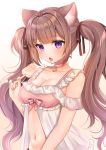  1girl animal_ears babydoll bare_shoulders breasts brown_hair cat_ears choker cleavage collarbone fang food frills gradient gradient_background hair_ribbon hand_up highres holding katsushika_pachi lingerie long_hair looking_at_viewer medium_breasts navel open_mouth original pink_choker popsicle purple_eyes ribbon sidelocks solo stomach tongue tongue_out twintails underwear underwear_only upper_body wavy_hair 