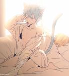  2boys animal_ears backlighting bangs bed_sheet between_legs blonde_hair blurry blush bottomless cat_boy cat_ears cat_tail collarbone commentary_request depth_of_field earrings eyebrows_visible_through_hair facing_away fang hair_between_eyes hand_between_legs hand_up head_on_pillow jewelry kemonomimi_mode kise_ryouta kuroko_no_basuke kuroko_tetsuya lens_flare long_sleeves looking_to_the_side male_focus mashima_shima multiple_boys naked_shirt nipples on_bed open_clothes open_mouth open_shirt pectorals pillow rubbing_eyes shirt short_hair sitting sleepy tail toned toned_male twitter_username wariza white_shirt 