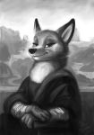  2020 3_fingers anthro biped black_clothing black_dress black_nose blurred_background canid canine chair cheek_tuft clothed clothing crossed_arms dated digital_drawing_(artwork) digital_media_(artwork) digital_painting_(artwork) dipstick_ears dress facial_tuft female fingers fox front_view fur fur_tuft furniture grey_text greyscale half-closed_eyes hand_on_hand head_tuft hi_res looking_at_viewer mammal mantle mona_lisa_(artwork) monochrome mountain multicolored_ears narrowed_eyes neck_tuft nik159 number outside parody river side_view signature sitting sky smile solo three-quarter_view tuft 