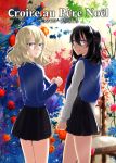  2girls akutagawa_joo andou_(girls_und_panzer) bangs bc_freedom_school_uniform black_dress black_hair blonde_hair blue_eyes blue_flower blue_sweater brown_eyes closed_mouth commentary_request cover cover_page dark_skin doujin_cover dress dress_shirt flower french_text from_behind girls_und_panzer highres long_sleeves looking_at_viewer looking_back medium_hair messy_hair multiple_girls oshida_(girls_und_panzer) pinafore_dress pleated_dress red_flower red_rose rose school_uniform shirt short_dress smile standing sweater sweater_around_neck translation_request white_shirt wooden_chair 