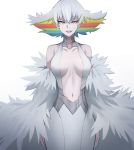  1girl bangs breasts choker commentary cowboy_shot dress english_commentary fur_trim highres jourd4n kill_la_kill kiryuuin_ragyou large_breasts lipstick looking_at_viewer makeup multicolored_hair navel parted_lips rainbow_hair red_eyes short_hair silver_hair simple_background smile solo 