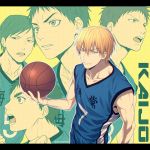  5boys ball bangs basketball basketball_uniform blonde_hair blue_shirt blue_shorts closed_mouth clothes_writing collarbone commentary_request earrings hair_between_eyes halftone hayakawa_mitsuhiro holding holding_ball jewelry kasamatsu_yukio kise_ryouta kobori_kouji kuroko_no_basuke letterboxed looking_at_viewer looking_to_the_side male_focus mashima_shima moriyama_yoshitaka multiple_boys number open_mouth outline shirt short_hair shorts sleeveless sleeveless_shirt smile sportswear teeth twitter_username upper_body white_outline yellow_background yellow_eyes 