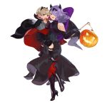  1boy 1girl ai-wa black_gloves blonde_hair boots brother_and_sister camilla_(fire_emblem) cape dress fake_horns fire_emblem fire_emblem_fates gloves hair_over_one_eye halloween_costume high_heel_boots high_heels highres holding horns jack-o&#039;-lantern leo_(fire_emblem) long_hair open_mouth purple_hair red_eyes red_legwear short_hair siblings simple_background tomato white_background younger 