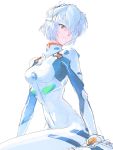  1girl @_bystander ayanami_rei bandages blue_hair bodysuit highres interface_headset looking_to_the_side neon_genesis_evangelion plugsuit red_eyes short_hair skin_tight solo white_bodysuit 
