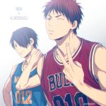  2boys bangs bare_shoulders basketball_jersey basketball_uniform black_eyes black_hair blue_shirt blurry chicago_bulls closed_mouth clothes_writing collarbone commentary_request copyright_name depth_of_field grey_background hair_over_one_eye hand_on_own_neck hand_up himuro_tatsuya kagami_taiga kuroko_no_basuke lens_flare looking_at_viewer male_focus mashima_shima multiple_boys national_basketball_association number one_eye_closed parted_lips red_eyes red_hair red_shirt shirt short_hair simple_background sleeveless sleeveless_shirt smile sportswear twitter_username upper_body v 