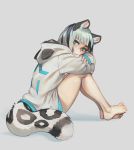  1girl animal_ear_fluff animal_ears barefoot blue_eyes commentary copyright_request crossed_arms hood hoodie long_sleeves looking_at_viewer paintrfiend simple_background sitting tail 