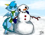  2020 3_toes absurd_res anthro blue_body blue_eyes blue_hair blue_sclera claws clothing dragon front_view hair handwear hi_res horn huff_(prate) male mittens outside prate scarf signature smile snow snowman solo standing toes 