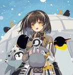  1girl 2021 :d animal animal_ears arknights baby_penguin beak_mask bird blush breasts brown_hair clothes_around_waist coat commentary_request cow_ears cow_hat cow_horns eyebrows_visible_through_hair glint gloves grey_sweater hair_between_eyes hat head_tilt highres holding holding_animal horns igloo jewelry looking_at_viewer magallan_(arknights) mask_around_neck medium_breasts medium_hair multicolored_hair off_shoulder open_mouth penguin rhine_lab_logo ribbed_sweater simple_background single_earring smile snow_shelter solo spacelongcat streaked_hair sweater turtleneck turtleneck_sweater two-tone_hair upper_body white_coat white_gloves white_hair yellow_eyes 
