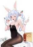  1girl :3 absurdres animal_ears ass blue_nails bottle braid breasts brown_legwear bunny_ears bunny_tail carrot cleavage cup drinking_glass elnovaline eyelashes fishnet_legwear fishnets flower fur_bracelet heart highres hololive huge_filesize legs leotard liquor long_hair looking_at_viewer multicolored_hair nail_polish newspaper no_dress one_eye_closed open_mouth pantyhose play_button playboy_bunny red_eyes shot_glass simple_background sitting smile solo tail thighs twin_braids twintails two-tone_hair usada_pekora virtual_youtuber w_arms white_background white_flower 