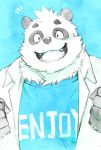  2020 anthro black_body black_fur black_nose clothing fur giant_panda hi_res humanoid_hands kemono male mammal noko_illust shirt simple_background solo teeth text topwear ursid 