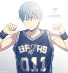  1boy backlighting bangs bare_shoulders basketball_uniform black_shirt blue_eyes blue_hair closed_mouth clothes_writing commentary_request copyright_name grey_background hands_up kuroko_no_basuke kuroko_tetsuya lens_flare looking_at_viewer male_focus mashima_shima national_basketball_association number san_antonio_spurs serious shirt short_hair simple_background sleeveless sleeveless_shirt solo sportswear sweatband twitter_username upper_body 