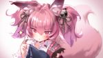  1girl :&lt; animal_ear_fluff animal_ears arknights bangs blurry blurry_background blush closed_mouth collarbone collared_shirt commentary_request depth_of_field eyebrows_visible_through_hair hair_between_eyes hand_up hellnyaa highres holding holding_needle looking_at_viewer needle pink_hair red_eyes ribbon_trim sewing sewing_needle shamare_(arknights) shirt solo sparkle tail torn_clothes torn_shirt twintails upper_body white_shirt 