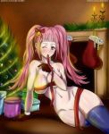  absurdres bow breasts censored christmas commentary_request commission fire_emblem fire_emblem:_three_houses fire_emblem_heroes fur_trim gloves highres hilda_valentine_goneril ladyendsm large_breasts long_hair looking_at_viewer new_year one_eye_closed pink_eyes pink_hair ponytail solo 