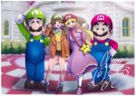  2boys 2girls bag belt black_belt blonde_hair blue_eyes blush brown_footwear brown_hair brown_shorts checkered checkered_floor commentary cosplay dress earrings facial_hair flower_earrings full_body green_headwear green_shirt handbag herunia_kokuoji highres jacket jewelry kigurumi long_hair luigi mario mario_(series) mario_hat mascot multiple_boys multiple_girls mustache orange_jacket outdoors overalls pink_dress pink_footwear princess_daisy princess_peach red_headwear red_shirt round_teeth shirt short_hair shorts signature smile standing starman_(mario) super_nintendo_world teeth v white_legwear yellow_shirt 