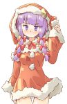  1girl alternate_costume arnest bangs bare_shoulders blush bow bowtie commentary cowboy_shot crescent crescent_moon_pin detached_sleeves dress fur_trim hair_bow hand_up hat long_hair long_sleeves looking_at_viewer panties pantyshot patchouli_knowledge pom_pom_(clothes) purple_eyes purple_hair red_bow red_dress red_headwear red_neckwear santa_hat simple_background solo touhou underwear white_background 