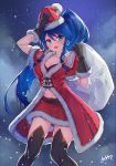  1girl absurdres alternate_costume arpeggio_kaga blue_eyes blue_hair blush braid breasts christmas cleavage coat fire_emblem fire_emblem:_the_sacred_stones hat highres long_hair medium_breasts night open_mouth ponytail santa_hat skirt snow snowing solo tana_(fire_emblem) thighhighs twin_braids 