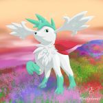  1:1 absurd_res ambiguous_gender detailed_background english_text feral field flower fur green_eyes green_hair hair hi_res legendary_pok&eacute;mon looking_at_viewer low-angle_view mammal meadow nintendo outside plant pok&eacute;mon pok&eacute;mon_(species) shaymin shiny_pok&eacute;mon sky sky_forme_shaymin smile solo sparkles sunset text the_frosty_chemist video_games white_body white_fur 