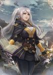  1girl belt book cloud fire_emblem fire_emblem:_three_houses fire_emblem_awakening garreg_mach_monastery_uniform highres holding holding_book holding_sword holding_weapon kaejunni long_sleeves open_book parted_lips robin_(fire_emblem) robin_(fire_emblem)_(female) sky solo sword twintails uniform weapon white_hair 