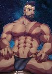 1boy abs bara beard black_male_underwear brown_hair bulge chest_hair collarbone dark_skin dark_skinned_male facial_hair hands_on_hips highres league_of_legends looking_at_viewer male_focus masa_yawara_(yellow) mohawk muscular muscular_male mustache navel navel_hair nipples o-ring o-ring_bottom pantheon_(league_of_legends) pectorals reward_available scar scar_on_chest short_hair sky solo spread_legs star_(sky) starry_background starry_sky thick_thighs thighs underwear underwear_only 