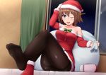  1girl black_legwear blue_eyes boots breasts brown_hair christmas detached_sleeves fur-trimmed_headwear fur-trimmed_sleeves fur_trim hairband hat headgear hiei_(kantai_collection) indoors kantai_collection long_sleeves medium_breasts nikku_(nzaf5832) one_eye_closed open_window pantyhose red_footwear red_headwear red_sleeves remodel_(kantai_collection) sack santa_boots santa_costume santa_hat shoes short_hair single_shoe sitting solo thighband_pantyhose window 