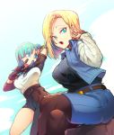  2girls :o android_18 aqua_hair arm_up asymmetrical_clothes bandaid bandaid_on_cheek bandaid_on_face belt biting biting_clothes black_legwear black_shirt blonde_hair blue_eyes blue_skirt blue_sky breasts brown_belt brown_gloves bulma cloud cloudy_sky crossed_legs day denim denim_skirt dragon_ball dragon_ball_(classic) dragon_ball_z dutch_angle elbow_pads eyebrows_visible_through_hair eyelashes facing_viewer feet_out_of_frame gloves hand_in_hair hand_on_own_leg hand_up impossible_clothes large_breasts long_hair looking_afar looking_at_viewer looking_down multiple_girls ommmyoh open_mouth outdoors pants pantyhose rock shaded_face shiny shiny_hair shirt shirt_tucked_in short_hair single_pantsleg sitting sitting_on_rock skirt sky straight_hair striped striped_shirt teeth thighs upper_teeth waistcoat white_shirt 