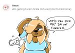  2019 ahoge anaugi anthro ask_blog big_breasts blonde_hair breasts brown_body brown_fur canid canine canis cleavage clothed clothing dialogue disembodied_hand domestic_dog ello_(anaugi) english_text feathers female fur hair hair_over_eye half-closed_eyes long_hair mammal narrowed_eyes one_eye_obstructed open_mouth raised_arm shirt simple_background solo speech_bubble t-shirt text tickling tickling_armpits topwear white_background 