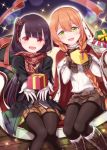  2girls bangs black_gloves black_hair black_jacket black_legwear black_vest boots box braid brown_footwear brown_hair brown_skirt cape commentary_request enpera eyebrows_visible_through_hair feet_out_of_frame gift gift_box girls_frontline gloves green_eyes hair_between_eyes hair_over_shoulder hands_up highres holding holding_gift jacket knees_together_feet_apart long_hair long_sleeves looking_at_viewer m1903_springfield_(girls_frontline) multiple_girls one_side_up pantyhose pleated_skirt red_cape red_eyes red_scarf ribbed_sweater sansei_rain scarf shirt sitting skirt sweater twin_braids very_long_hair vest wa2000_(girls_frontline) white_gloves white_shirt white_sweater 