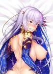  1girl armlet armor back bangs bikini_armor blush breasts cleavage collar dakimakura_(medium) earrings fate/grand_order fate_(series) flower hair_ribbon jewelry kama_(fate/grand_order) large_breasts long_hair looking_at_viewer lotus metal_collar nipples okitakung red_eyes ribbon silver_hair 