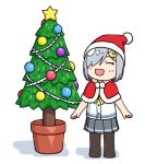  1girl 3toshinhmkz black_legwear capelet chibi christmas_tree closed_eyes commentary_request fur-trimmed_capelet fur-trimmed_headwear fur_trim grey_skirt hair_ornament hair_over_one_eye hairclip hamakaze_(kantai_collection) hat kantai_collection neckerchief pantyhose plant pleated_skirt potted_plant red_capelet red_headwear santa_hat school_uniform serafuku short_hair silver_hair simple_background skirt smile solo standing white_background yellow_neckwear 