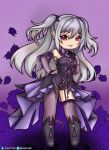  1girl bow bowtie chibi chuunibyou cosplay costume_switch detached_sleeves eyebrows_visible_through_hair fischl_(genshin_impact) fischl_(genshin_impact)_(cosplay) fishnets flower genshin_impact hanatsukki hand_on_hip idolmaster idolmaster_cinderella_girls kanzaki_ranko leotard long_hair looking_at_viewer open_clothes open_skirt pantyhose purple_background purple_flower purple_rose red_eyes rose silver_hair simple_background single_leg_pantyhose single_thighhigh skirt smile solo thighhighs two_side_up uchida_maaya 