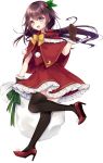  1girl black_legwear blush brown_gloves brown_hair cape crescent crescent_moon_pin eyebrows_visible_through_hair full_body gloves high_heels kantai_collection kisaragi_(kantai_collection) kusada_souta long_hair official_art open_mouth pom_pom_(clothes) purple_eyes red_cape red_footwear sack santa_costume smile solo thighhighs transparent_background 
