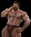  1boy abs absurdres arm_hair bara beard brown_hair bulge chest_hair cigar copyright_request cowboy_shot facial_hair hair_slicked_back hairy hand_on_hip highres jang_ju_hyeon looking_at_viewer malcolm_graves male_focus muscular muscular_male mustache navel navel_hair nipples pectorals short_hair smoking solo thick_thighs thighs underwear underwear_only veins 