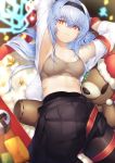 1girl armpits arms_up bare_shoulders black_legwear black_skirt bra breasts brown_bra christmas closed_mouth dabuki girls_frontline hat highres long_hair long_sleeves looking_at_viewer medium_breasts miniskirt open_clothes open_shirt pantyhose pleated_skirt red_eyes red_ribbon ribbon santa_hat shirt silver_hair skirt solo spaghetti_strap stomach stuffed_animal stuffed_toy teddy_bear thunder_(girls_frontline) underwear white_shirt 