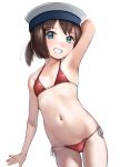  1girl alternate_costume aqua_eyes arm_behind_head arm_up armpits ass_visible_through_thighs bare_arms bare_legs bare_shoulders bikini blush brown_hair collarbone commentary_request cowboy_shot daitou_(kantai_collection) eyebrows_visible_through_hair flat_chest grin groin halterneck hat highres kabayaki_namazu kantai_collection looking_at_viewer micro_bikini navel petite red_bikini revision sailor_hat short_hair side-tie_bikini simple_background smile solo standing stomach string_bikini swimsuit white_background white_headwear 