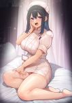  1girl :d bangs bed black_hair blue_eyes blurry blurry_background blush breasts collared_dress commentary_request curtains dress eyebrows_visible_through_hair hair_between_eyes hand_on_own_cheek hand_on_own_face hand_up hat highres id_card indoors karinto_yamada lanyard lap_pillow_invitation large_breasts light_particles long_hair looking_at_viewer no_shoes nurse nurse_cap on_bed open_mouth original pantyhose pen pen_in_pocket pillow pocket shadow short_dress short_sleeves sitting smile soles solo thighband_pantyhose white_dress white_headwear white_legwear yokozuwari 