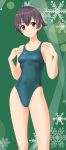  1girl absurdres ahoge black_hair breasts brown_eyes competition_swimsuit cowboy_shot green_background green_swimsuit highres kantai_collection logo looking_at_viewer one-piece_swimsuit sakawa_(kantai_collection) short_hair small_breasts snowflake_background solo speedo_(company) standing swimsuit takafumi 