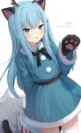  1girl :o amashiro_natsuki animal_ears antlers bangs black_bow black_gloves blue_dress blue_eyes blue_hair blush bow cat_ears cat_girl cat_tail commentary dress eyebrows_behind_hair fur-trimmed_dress fur-trimmed_sleeves fur_trim gloves hair_between_eyes hand_up highres long_hair long_sleeves looking_at_viewer nekoha_shizuku nyan original parted_lips paw_gloves paws reindeer_antlers romaji_text sack simple_background solo symbol_commentary tail very_long_hair white_background wide_sleeves 