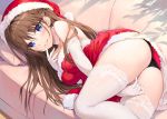  1girl arm_between_legs ass bangs bare_shoulders bed between_legs black_panties blue_eyes boku_no_kanojo_sensei breasts brown_hair choker christmas christmas_dress commentary_request dress earrings elbow_gloves eyebrows_visible_through_hair finger_to_mouth fujiki_maka fur_trim gloves grin hat jewelry long_hair looking_at_viewer lying medium_breasts on_bed on_side oryou panties parted_lips pillow red_dress red_headwear santa_hat short_dress smile solo strapless strapless_dress thighhighs underwear white_gloves white_legwear 