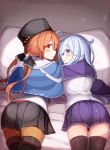  2girls bed_sheet black_bow black_footwear black_headwear black_legwear black_skirt blue_eyes blue_shawl blush boots bow brown_eyes brown_hair eyebrows_visible_through_hair flat_cap from_behind hair_between_eyes hair_bow hair_ornament hairclip hat hat_removed headwear_removed hibiki_(kantai_collection) jacket kantai_collection long_hair long_sleeves looking_back low_twintails multiple_girls papakha parted_lips pillow pleated_skirt reitou_mikan scarf school_uniform serafuku shawl silver_hair skirt tashkent_(kantai_collection) thigh_boots thighhighs torn_clothes torn_scarf twintails white_jacket white_scarf 