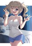  1girl ;d ardenlolo barbara_(genshin_impact) bare_shoulders bed bed_sheet blonde_hair blue_eyes breasts casual cleavage double_v drill_hair genshin_impact hair_ornament one_eye_closed open_mouth pajamas pillow short_shorts shorts smile solo strap_slip tank_top twin_drills twintails v watermark 