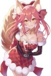  1girl animal_ear_fluff animal_ears bangs bare_shoulders black_gloves blush bow breasts christmas cleavage dress elbow_gloves fate/extra fate_(series) fox_ears fox_girl fox_tail gloves hair_bow iincho_(airi8751) large_breasts long_hair looking_at_viewer pink_hair red_dress sidelocks smile tail tamamo_(fate)_(all) tamamo_no_mae_(fate) thighs twintails yellow_eyes 