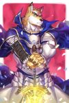  1boy animal_ear_fluff animal_ears armor arthur_pendragon_(fate) bara blonde_hair blue_cape breastplate cape collared_cape cowboy_shot dog_boy dog_ears excalibur_(fate/prototype) fate/prototype fate_(series) forked_eyebrows furrification glowing glowing_weapon green_eyes hood male_focus orange_fur pauldrons petals planted_weapon raised_eyebrow short_hair shoulder_armor solo thick_eyebrows weapon wind wind_lift xiawenjie_(jason_ou_1990) 