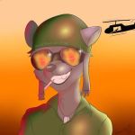  aircraft anthro armor army_uniform cigarette eyewear fire headgear helicopter helmet looking_at_viewer male mammal military procyonid raccoon solo sunglasses tai_enerfy zen7 