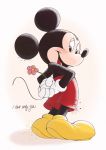  2020 anthro blush clothing disney english_text flower footwear gloves hands_behind_back handwear hi_res male mammal mickey_mouse mouse murid murine open_mouth open_smile plant rodent sh_disney simple_background smile solo text tongue 