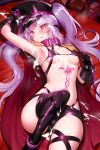  1girl bangs bare_shoulders bikini black_bikini blush boots breasts cape chain closed_mouth collar collarbone cum epaulettes euryale fate/hollow_ataraxia fate_(series) gloves hat highres knee_up licking_lips long_hair looking_at_viewer lying m-da_s-tarou micro_bikini navel on_back peaked_cap purple_hair riding_crop short_shorts shorts slit_pupils small_breasts stomach_tattoo swimsuit tattoo thigh_boots thighhighs thighs tongue tongue_out twintails very_long_hair yellow_eyes 
