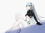  1girl bangs bodysuit breasts commentary eyebrows_visible_through_hair facial_mark girls&#039;_frontline green_eyes hair_ornament high_heels highres hk416_(girls&#039;_frontline) hk416_(midnight_evangelion)_(girls&#039;_frontline) light_blue_hair long_hair looking_up parted_lips simple_background sitting smile_(mm-l) solo symbol-only_commentary teardrop_facial_mark teardrop_tattoo 