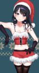  1girl arm_up armpits bare_shoulders black_gloves black_hair black_legwear blue_eyes breasts christmas cleavage closed_mouth collarbone crop_top earrings fur_trim gloves hand_on_hip hat highres idolmaster idolmaster_shiny_colors jewelry kazano_hiori long_hair looking_at_viewer medium_breasts midriff miniskirt mirei mole mole_under_mouth navel red_headwear red_shirt red_skirt santa_hat shirt skirt sleeveless sleeveless_shirt smile solo spaghetti_strap thighhighs wavy_hair zettai_ryouiki 