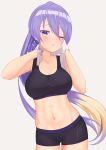  1girl :o beige_background bike_shorts blonde_hair breasts cleavage collarbone english_commentary gradient_hair highres holding holding_towel hololive long_hair long_ponytail looking_down maru039 medium_breasts midriff moona_hoshinova multicolored_hair navel open_mouth ponytail purple_hair solo sports_bra tied_hair towel very_long_hair virtual_youtuber wiping_sweat 