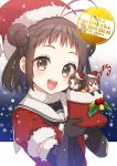 3girls :d adapted_costume antenna_hair black_gloves blush brown_eyes brown_hair candy candy_cane chibi christmas commentary_request double_bun elbow_gloves food fur_trim gloves hat holding jintsuu_(kantai_collection) kantai_collection koruri looking_at_viewer merry_christmas minigirl multiple_girls naka_(kantai_collection) open_mouth sailor_collar santa_costume santa_hat sendai_(kantai_collection) short_hair size_difference smile 